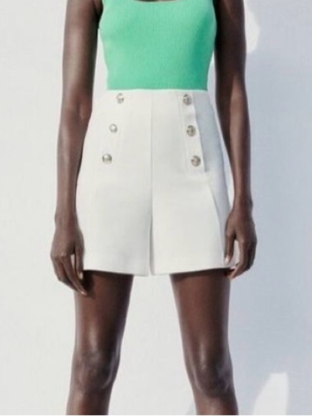 Zara White High-Waist Double-Button Bermuda Shorts